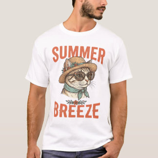 サマーブリーズキャットビンテージ彫刻Tシャツデザイン1 Tシャツ