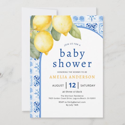サマーブルーイタリアンタイルレモンベビーシャワー 招待状 (正面)