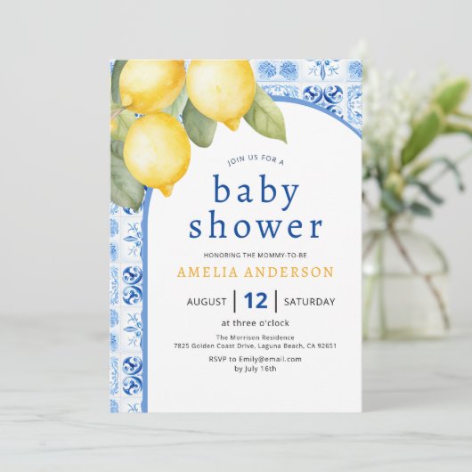 サマーブルーイタリアンタイルレモンベビーシャワー 招待状 (スタンド正面)