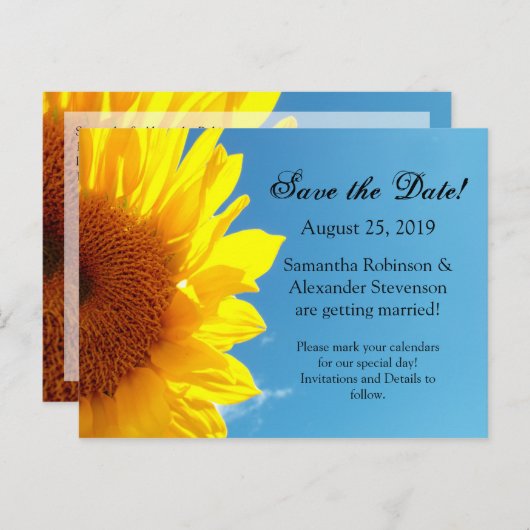 サマーブルースカイイエローサンフラワー日付を保存 案内ポストカード (正面/裏面)