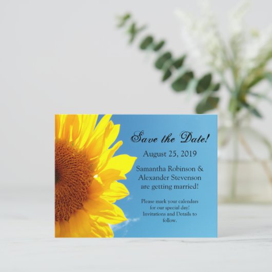 サマーブルースカイイエローサンフラワー日付を保存 案内ポストカード (スタンド正面)