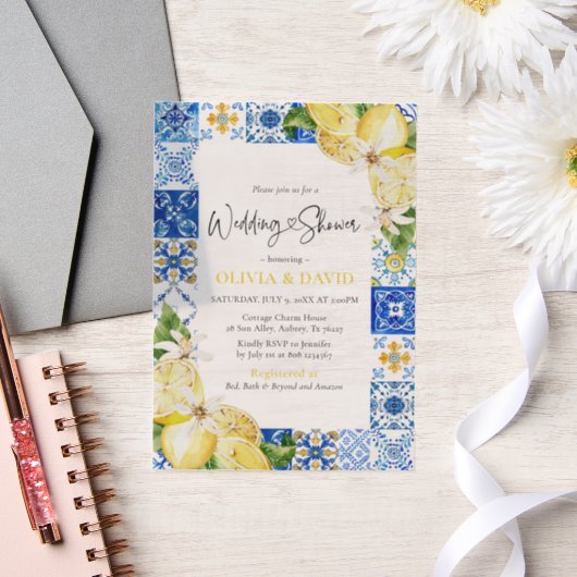 サマーブルータイルズレモンイタリアンウェディングシャワー ベラム紙招待状 (ウェディング)