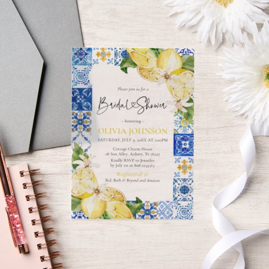 サマーブルータイルズレモンイタリアンブライダルシャワー ベラム紙招待状 (ウェディング)