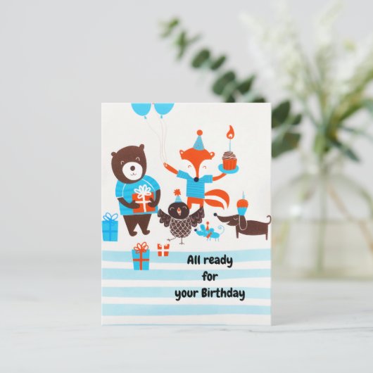 サマーブルーフォレストウッドランドアニマルズウォーター色 ポストカード (スタンド正面)