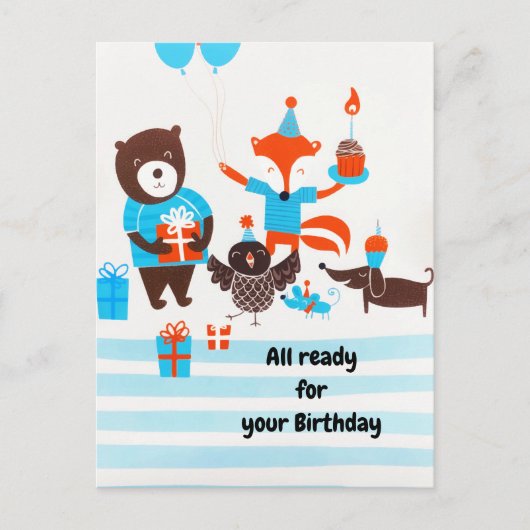 サマーブルーフォレストウッドランドアニマルズウォーター色 ポストカード (正面)