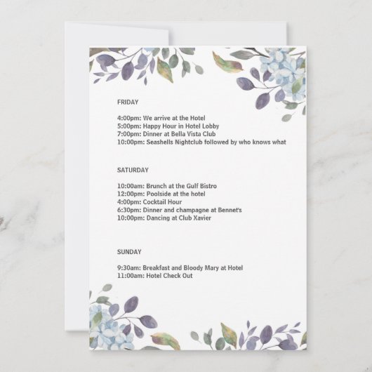 サマーブルーフローラバチェロレッテ週末の日程 招待状 (裏面)