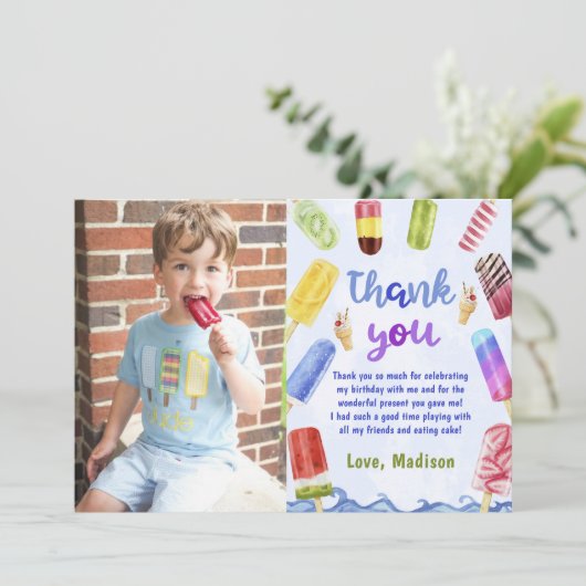 サマーブルーポプシクル誕生日写真サンキューカード サンキューカード (スタンド正面)