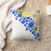 サマーブルー地中海のタイルとレモンプリント クッション (ブランケット)