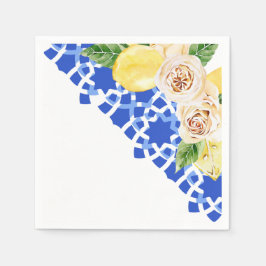 サマーブルー地中海のタイルとレモンプリント スタンダードカクテルナプキン
