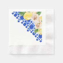 サマーブルー地中海のタイルとレモンプリント