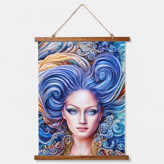 サマーブルー海ウェーブアニメ抽象芸術ガールアートワーク 吊り下げ型タペストリー (正面)