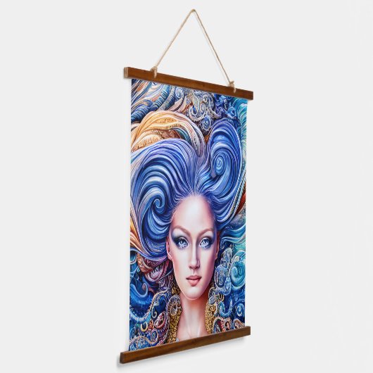 サマーブルー海ウェーブアニメ抽象芸術ガールアートワーク 吊り下げ型タペストリー (傾斜あり)