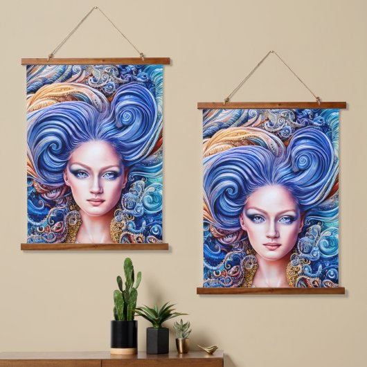 サマーブルー海ウェーブアニメ抽象芸術ガールアートワーク 吊り下げ型タペストリー (非対称)