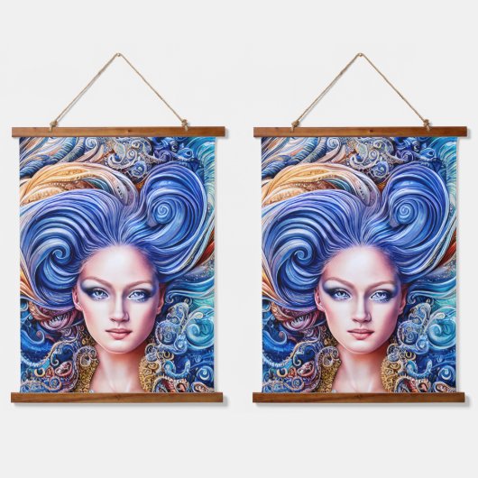 サマーブルー海ウェーブアニメ抽象芸術ガールアートワーク 吊り下げ型タペストリー (ダブル)