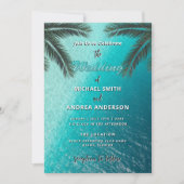 サマーブルー海パームツリーズビーチ結婚式QRコード 招待状 (正面)