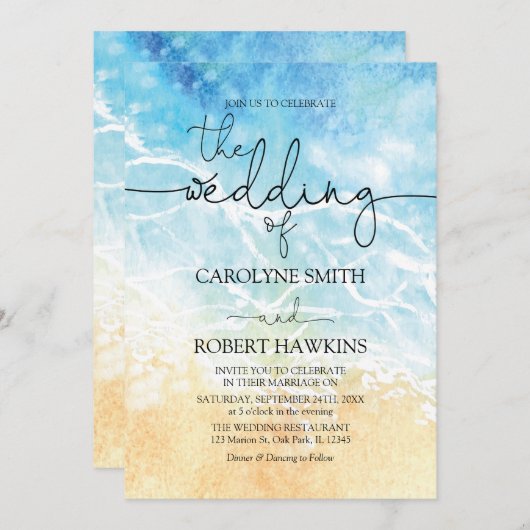 サマーブルー海ビーチウォーター結婚カラー 招待状 (正面/裏面)