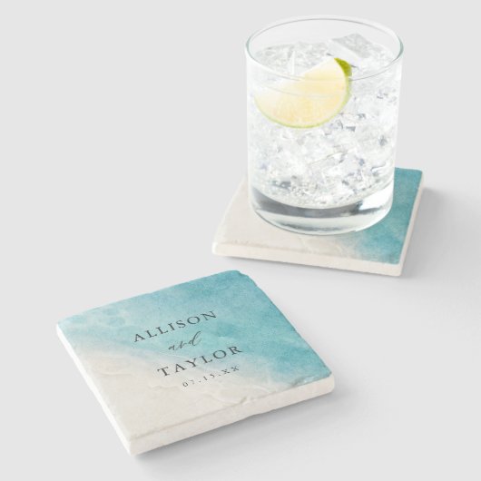 サマーブルー海ビーチ結婚式招待状 ストーンコースター (横)