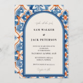 サマーブルー赤と白モロッコタ結婚イル 招待状 (正面/裏面)