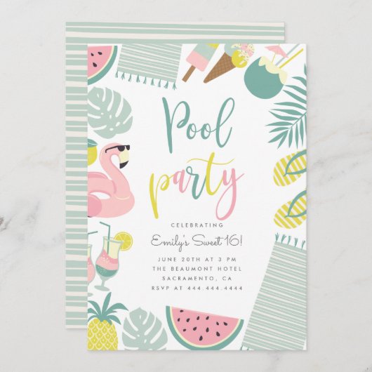 サマープモダンールパーティースクリプトスイート16誕生日 招待状 (正面/裏面)