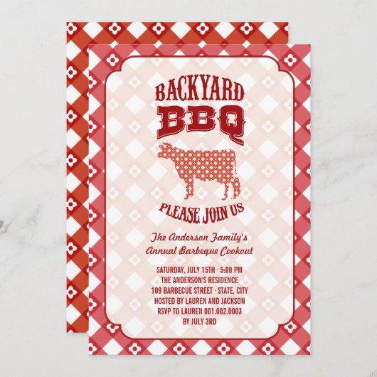 サマープレイドバックヤードバーベキュークックアウトBBQパーティー 招待状 (正面/裏面)