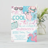 サマープールバースデーパーティキュートピンクターコイズ 招待状 (スタンド正面)