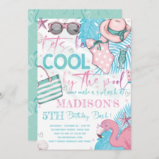 サマープールバースデーパーティキュートピンクターコイズ 招待状 (正面/裏面)