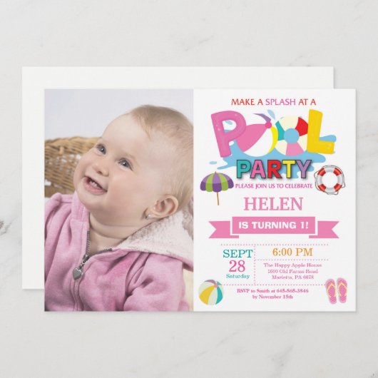 サマープールパーティの招待状スプラッシュガール 招待状 (正面/裏面)