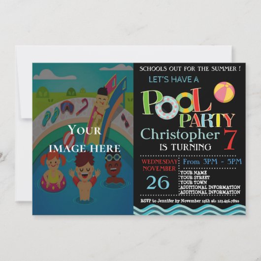 サマープールパーティの招待状 |プールの誕生日パーティー 招待状 (正面)