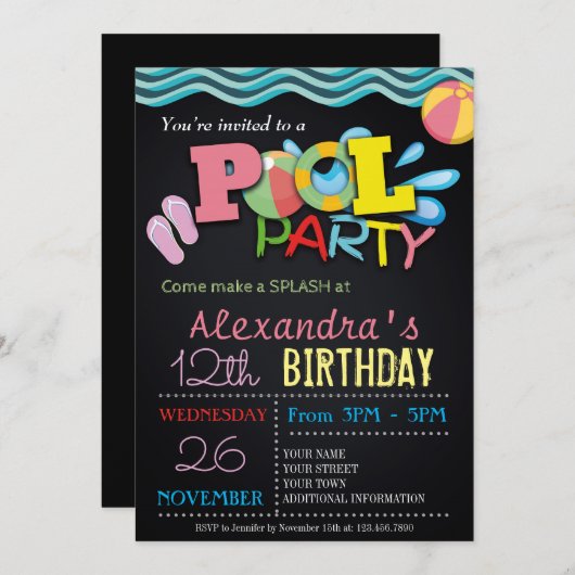 サマープールパーティの招待状 |プールの誕生日パーティー 招待状 (正面/裏面)