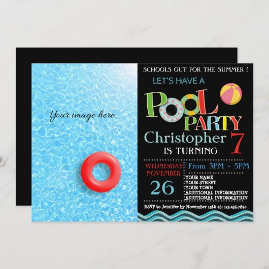 サマープールパーティの招待状 |プールの誕生日パーティー 招待状 (正面/裏面)