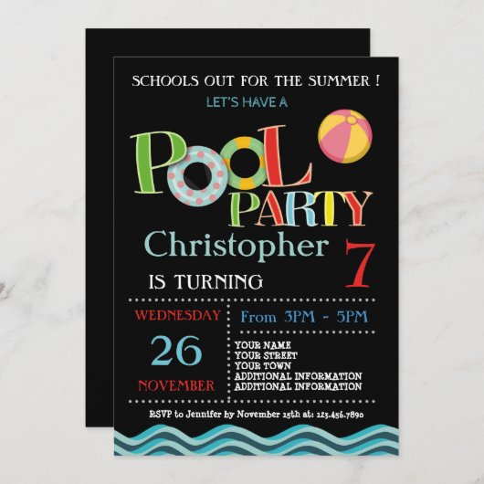 サマープールパーティの招待状 |プールの誕生日パーティー 招待状 (正面/裏面)