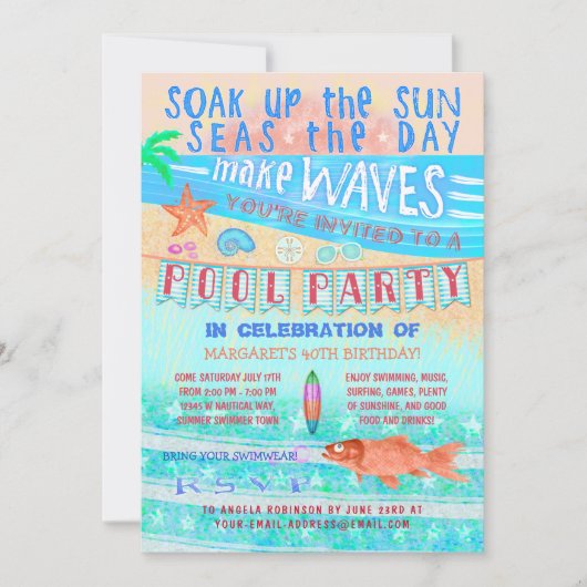 サマープールパーティースイミングおもしろいシーフィッシュとビーチ 招待状 (正面)