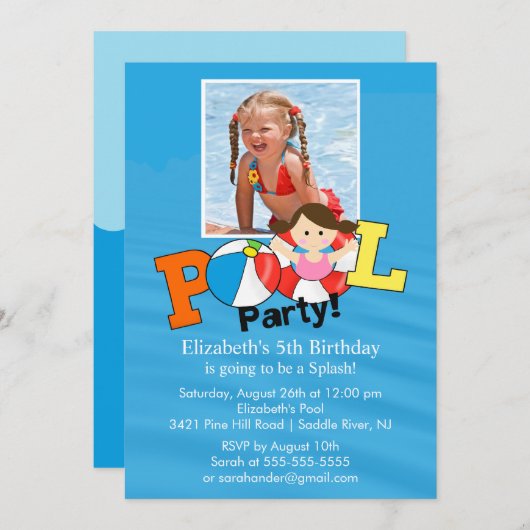 サマープールパーティーフォト誕生日招待状ガール 招待状 (正面/裏面)