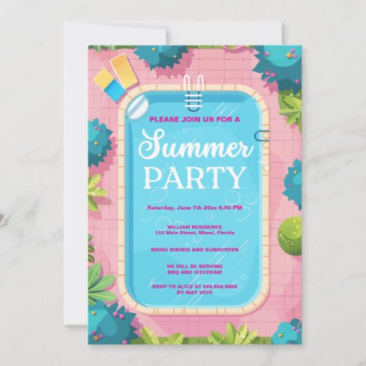 サマープールパーティーブルーピンク招待状 招待状 (正面)