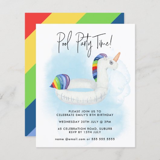 サマープールパーティーレインボーユニコーン任意の年齢誕生日 (正面/裏面)