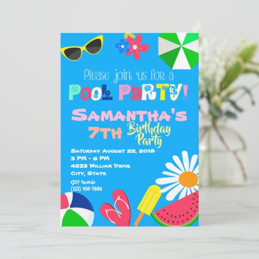 サマープールパーティー誕生日ビーチボールサングラス 招待状 (スタンド正面)
