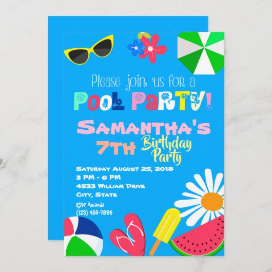 サマープールパーティー誕生日ビーチボールサングラス 招待状 (正面/裏面)