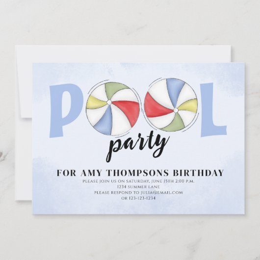 サマープールパーティー誕生日ビーチボール 招待状 (正面)