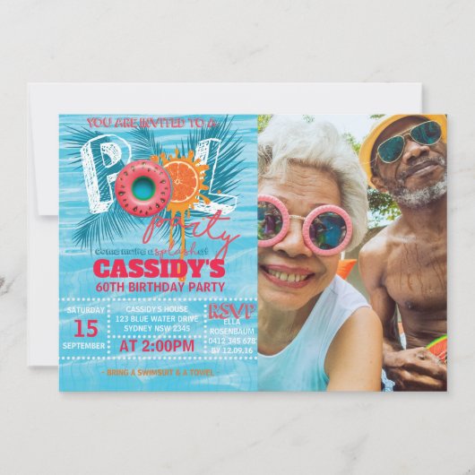サマープールパーティー誕生日写真 招待状 (正面)