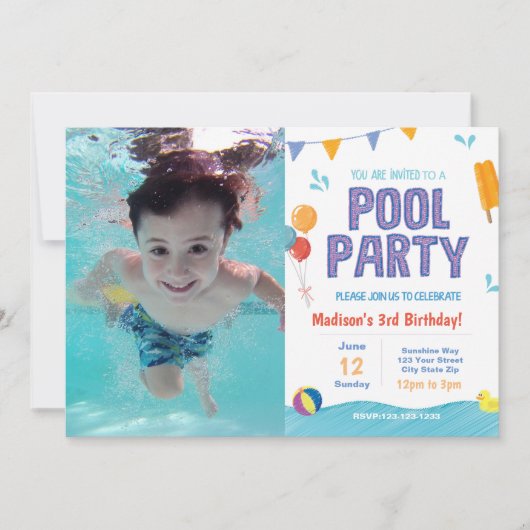 サマープールパーティー誕生日招待状と写真 招待状 (正面)