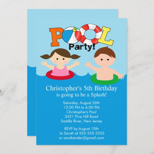 サマープールパーティー誕生日招待状ボーイガール 招待状 (正面/裏面)