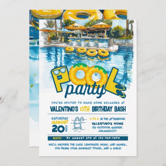 サマープールパーティー誕生日招待状 招待状 (正面/裏面)
