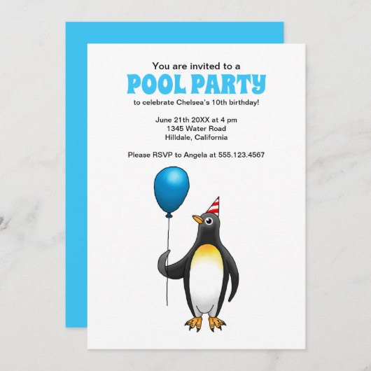 サマープールパーティー誕生日 招待状 (正面/裏面)