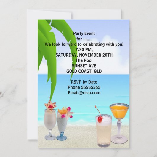 サマープールビーチパーティーカクテルトロピカルビーチ 招待状 (裏面)