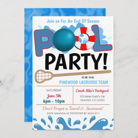 サマープールラクロスパーティの招待状 招待状 (正面/裏面)