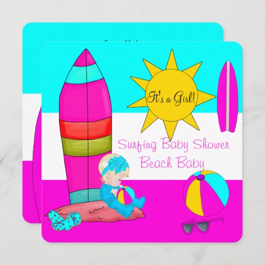 サマーベビーシャワーガールビーチベビーサーフィンベビー4 招待状 (正面/裏面)