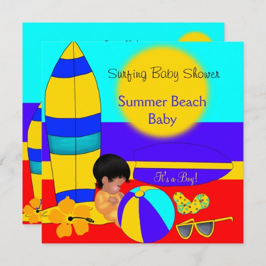 サマーベビーシャワーボーイビーチベビーサーフィンベビー 招待状 (正面/裏面)