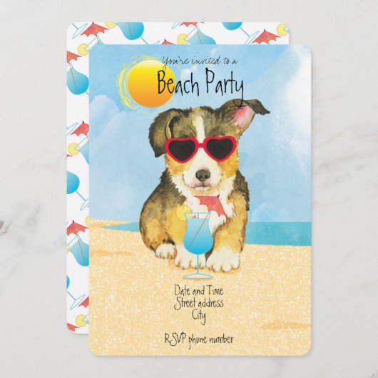 サマーペンブロークウェルシュコーギービーチパーティの招待状 シーズンカード (正面/裏面)