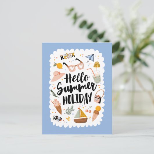 サマーホリデイ引用文カラフルカワイイイラストレーション ポストカード (スタンド正面)