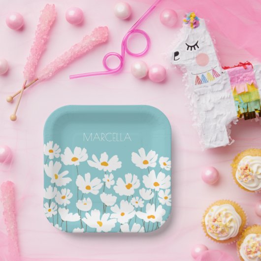 サマーホワイトコスモスフラワーズ名前をカスタムする ペーパープレート (パーティー)